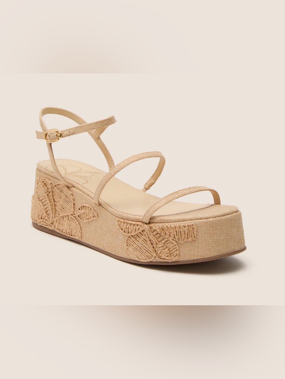 Larroude Beige Raffia Embroidery Gio Platform Sandals